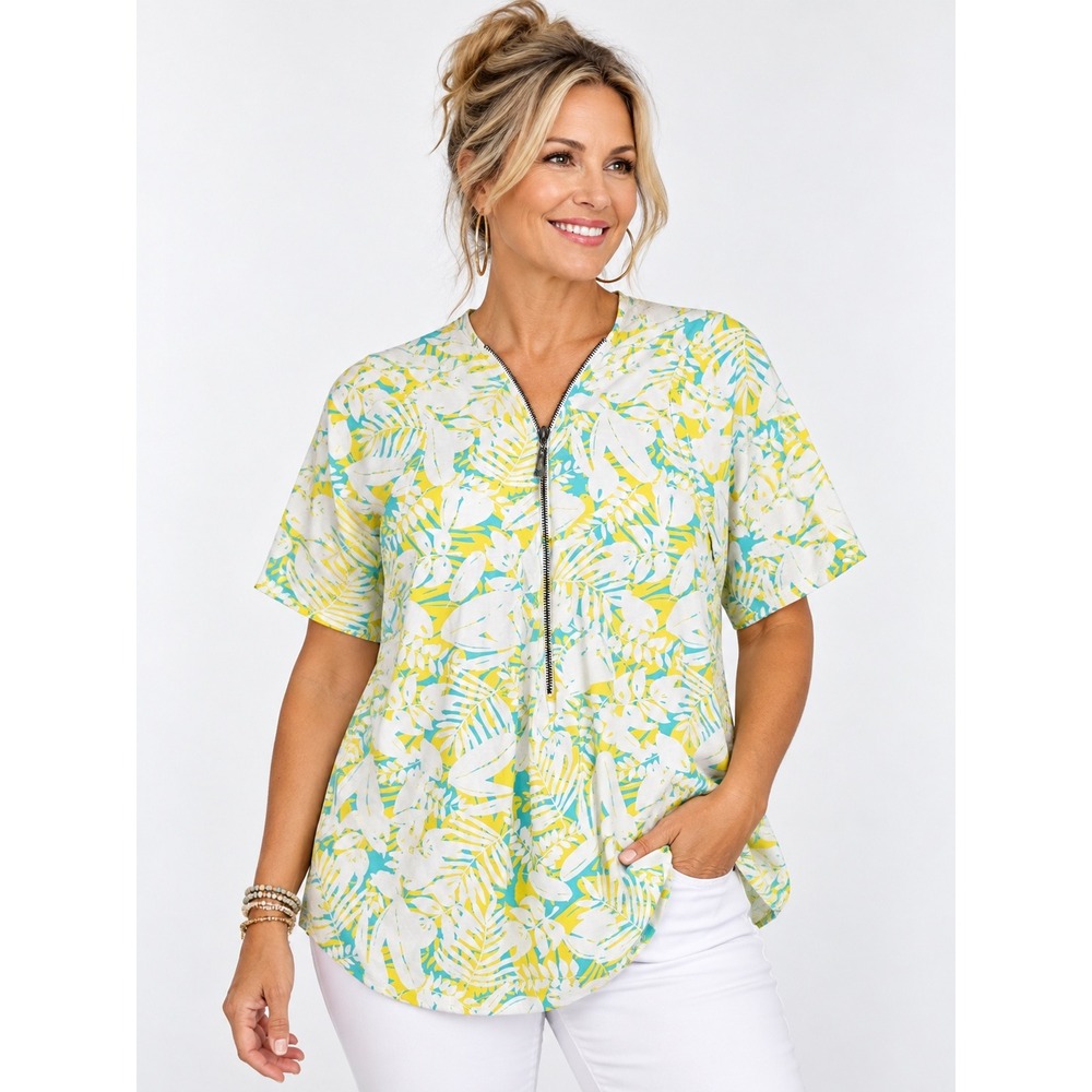 Belle by Kim Gravel Womens Large Tropical Palm Half Zip Short Sleeve Top Yellow